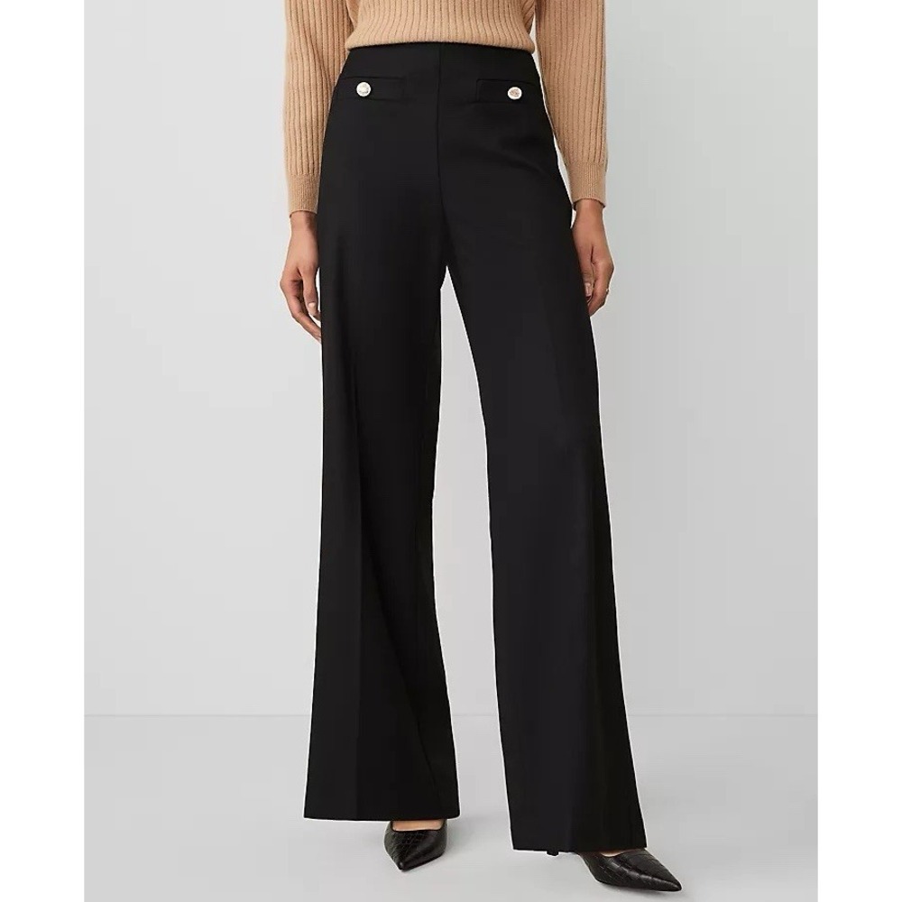 NWOT Ann Taylor The Button Trim Sailor Wide-Leg Pant Black Size 14 Workwear